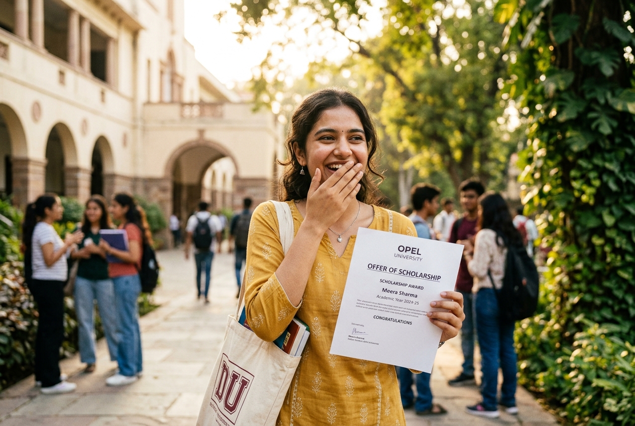 Student receiving scholarship and admission award